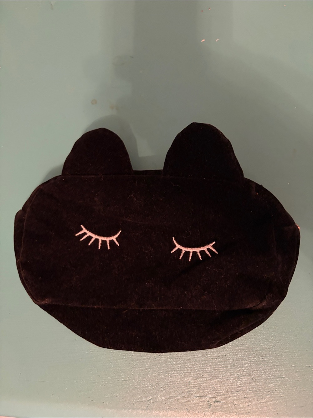 Kids Plush Cat Face Pouch in Black with White Embroidery